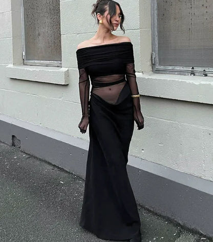 Off Shoulder Semi-Sheer Maxi Dress