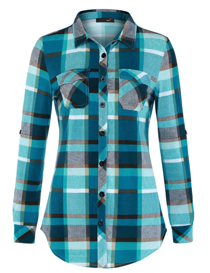 Women's Soft Stretchy Knit Plaid Collared Shirt