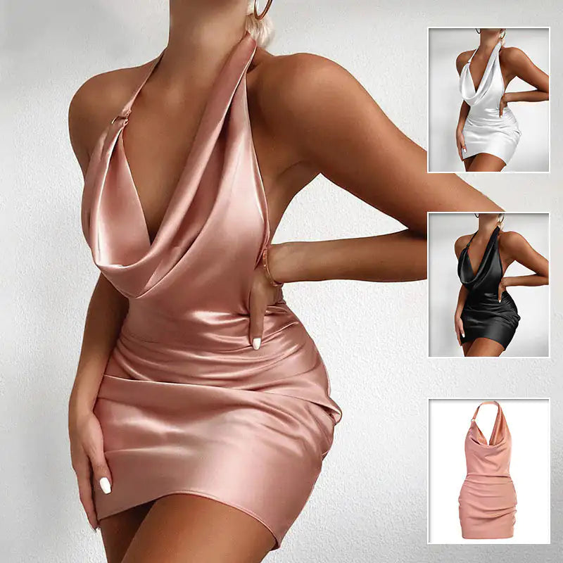 Satin Party V Neck Backless Dress