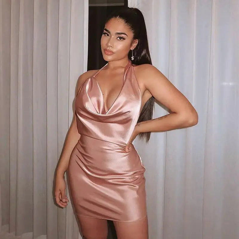 Satin Party V Neck Backless Dress